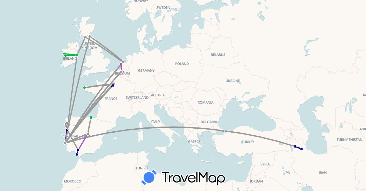 TravelMap itinerary: driving, bus, plane, train in Belgium, Spain, France, United Kingdom, Ireland, Iran, Netherlands, Portugal, Turkey (Asia, Europe)